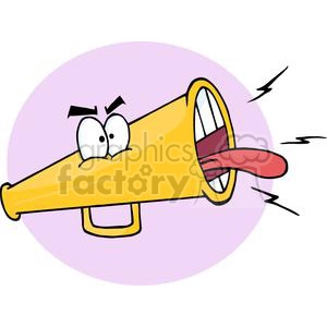 The clipart image features a whimsical, cartoon-style yellow megaphone with anthropomorphic characteristics. It has two big white eyes with raised eyebrows, displaying a surprised or alarmed expression. The megaphone also has a tongue sticking out, giving it a humorous and silly appearance. There are sound waves coming out from the wider end, indicating that the megaphone is in use or making noise.