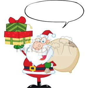 Santa-Holding-Up-A-Stack-Of-Gifts-With-Speech-Bubble