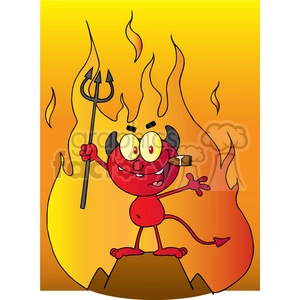 The image depicts a comic-style character that represents a caricature of a devil. The character is red with horns, a pointed tail, and is holding a trident. It's also shown with a mischievous expression, holding a cigar in its mouth, and standing in front of fiery flames that suggest a hellish environment.