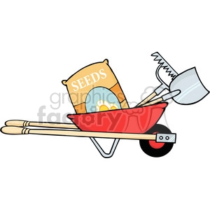 The clipart image depicts a cartoon-style, comical red wheelbarrow filled with seeds. It also includes a rake and shovel, suggesting gardening or planting activities. The overall tone of the image is light-hearted and playful, suitable for illustrating concepts related to gardening, growth, planting flowers, and outdoor activities.