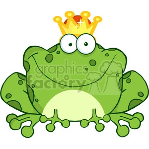 The image shows a green, cartoon-style frog with a comically large, happy expression. It has big white and yellow eyes that look slightly crossed, adding to the humorous effect. The frog is also wearing a small golden crown with red jewels on its head, suggesting that it might be pretending to be a king or playing a royal character. Its skin is dotted with darker green spots, its belly is a lighter shade of green, and its limbs are splayed out in a relaxed posture.