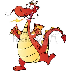 This clipart image features a whimsical, cartoon-style dragon. The dragon is predominantly red, with a yellow underbelly, and it has wings, horns, and a tail with a pointed tip. It appears cheerful and goofy, with a big smile, tongue sticking out, and a small flame coming out of its nostrils.
