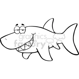 The image is a simple black and white line drawing of a cartoon great white shark. The shark has a comical appearance with large, friendly eyes and a big smile showing teeth.