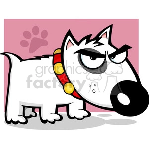 In the clipart image, there is a cartoon illustration of a white dog with prominent black spots and a grumpy or mean expression. The dog has raised eyebrows, squinting eyes, and a downturned mouth which contributes to an overall comical effect. It is wearing a red collar with yellow circles (perhaps representing studs). A large, simple paw print is visible in the background suggesting a theme of pets or dogs.