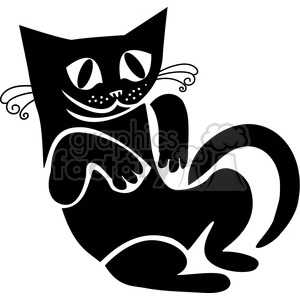 The image is a black and white stylized clipart of a cheerful black cat with prominent, playful eyes, a curving tail, and white accents on the paws, muzzle, and inner ears. The cat appears to be sitting and looking slightly upwards with a content and friendly expression on its face.