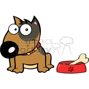 The image is a cartoon clipart featuring a brown puppy with a black patch around one eye. The puppy is wearing a red collar with yellow details and is sitting next to a red dish that has a bone in it. The dish has a paw print design on its side.
