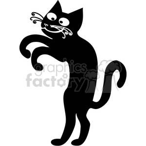 The clipart image features a stylized black cat. The cat is upright on its hind legs, with a playful or mischievous stance. It has prominent whiskers, a curled tail, and a pair of wide eyes that add to its cartoonish charm.