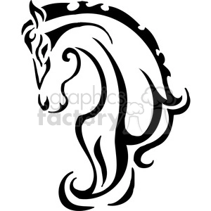 The image is a black and white clipart of a stylized horse head. It features a simplistic and bold outline design that could be used for vinyl decals or as a tattoo template. The horse head is illustrated with flowing mane and elegant lines, making it suitable for graphic design uses where a wild animal or horse theme is desired.