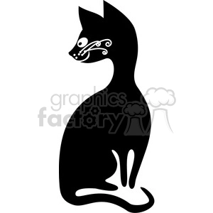 This clipart image features a stylized depiction of a black cat. The cat is presented in a sitting posture with its tail curled around its body. The silhouette of the cat is filled in black, with contrasting white areas that create decorative flourishes and accents around the cat's face and chest, giving it a unique and artistic look.