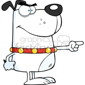 This clipart image features a comical cartoon dog that appears to be angry or mad. The dog is white with a patch around one eye and has pronounced eyebrows, giving it an expressive face. It's wearing a red collar with yellow decorations, and it's pointing with one of its paws, which adds to the humorous representation of the dog displaying human-like behavior.