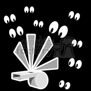 This image features a stylized representation of a whistle with a burst of sound waves emanating from it, indicating the act of blowing the whistle. There are multiple sound waves shown as white shapes spreading outward from the whistle, along with lots of eyes looking at it