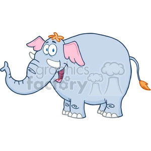 This is a colorful and whimsical illustration of a happy, cartoon elephant. The elephant appears to be standing, smiling broadly with an open mouth, showcasing its white teeth and pink interior. It has large blue eyes that convey amusement, with one eye slightly squinting as if it's chuckling or giggling. The elephant's ears are large and pink inside, fitting for a cartoon depiction. A small orange flower is playfully positioned just above the elephant's ear, adding a cute, decorative touch. The elephant's skin is blue-grey with subtle indications of texture through line details, and its tail is uplifted with an orange tuft at the end, providing a slight contrast to the overall blue-grey color scheme. The trunk is curved upward in a lively gesture, further emphasizing the playful and joyful nature of this character.