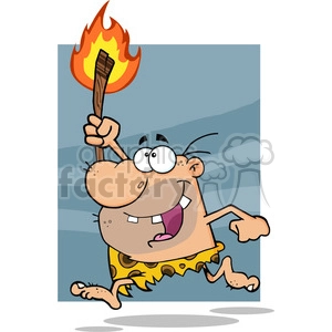 6813 Royalty Free Clip Art Happy Caveman Running With A Torch