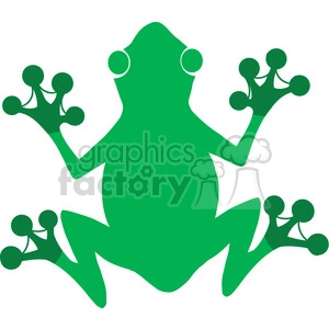 The clipart image depicts a green silhouette of a stylized, funny frog. The frog is depicted with exaggerated features such as large, circular eyes and oversized, webbed feet, which contribute to its humorous appearance.