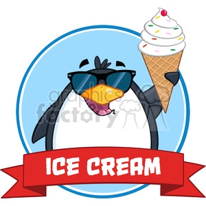 The clipart image depicts a cartoon penguin wearing sunglasses and happily licking a large ice cream cone. The ice cream appears to be vanilla with colorful sprinkles on top and a cherry. There's a red ribbon banner with the words ICE CREAM in front of the penguin, and the penguin is set against a light blue circular background.