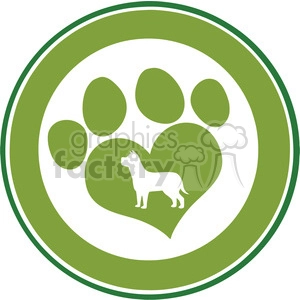 The image depicts a green and white circular clipart that features a large paw print design. Inside the paw print, there is a stylized heart shape, and within the heart is the silhouette of a standing dog. The design presents a creative and loving representation of a pet-related theme.