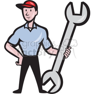 mechanic holding huge wrench standing upright shape