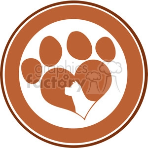 The image is a clipart that appears to depict a paw print and a silhouette of a dog's profile within the shape of a heart, all within a circular border. The design is monochromatic, with the paw print, heart, and dog silhouette in a shade of brown or orange, contrasting with the white background.