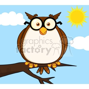 The clipart image shows a cartoon owl with oversized round eyes and glasses, perched on a tree branch. The background depicts a clear blue sky with a few white clouds and a bright yellow sun.