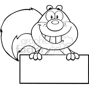 Royalty Free RF Clipart Illustration Black And White Smiling Squirrel Cartoon Mascot Character Over Blank Sign