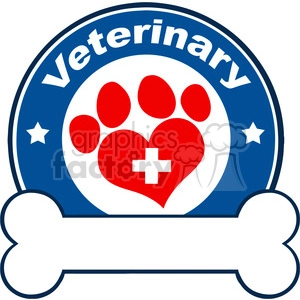 The image could be a veterinary logo consisting of a circular emblem with the word Veterinary at the top. Inside the circle, there is a large red heart with a white medical cross in the center, superimposed on a stylized animal paw print, also in red. Surrounding the heart and paw print are blue areas with white stars. Below the circle, there's an illustration of a white bone extending outward on both sides, suggesting a connection to pet care, as bones are often associated with dogs.