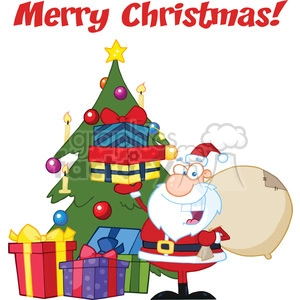 Royalty Free RF Clipart Illustration Merry Christmas Greeting With Santa Claus Holding Up A Stack Of Gifts By A Christmas Tree