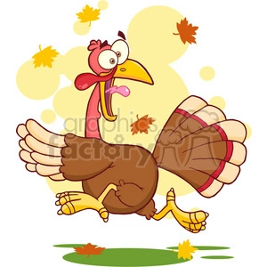 This is a colorful, cartoon-style clipart image of a turkey running. The turkey has a comical expression on its face, with wide eyes and an exaggerated beak open as if it's surprised or scared. Its wings are spread, and it appears to be in a hurry with its legs captured in a running motion. The background features autumn leaves and abstract shapes in warm colors, suggesting a fall or Thanksgiving theme.