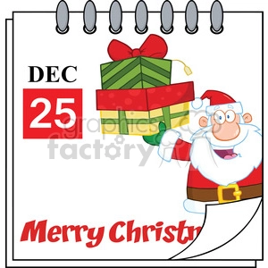 Royalty Free RF Clipart Illustration Christmas Holiday Calendar With Santa Claus Holding Up A Stack Of Gifts
