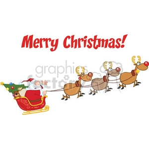 Merry Christmas Greeting With Santa Claus In Flight With His Reindeer And Sleigh
