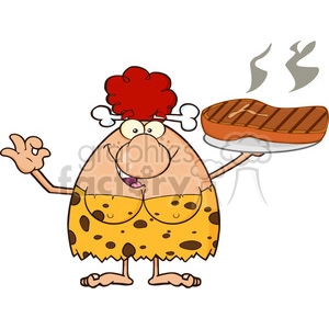 red hair cave woman cartoon mascot character holding up a platter with big grilled steak and gesturing ok vector illustration