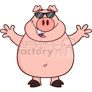 The clipart image depicts a cartoonish pig standing upright with a cheerful expression. The pig is wearing sunglasses and seems to be smiling, with its arms outstretched in a welcoming gesture. It has a prominent snout, two small ears poking up from the top of its head, and is wearing black shoes.