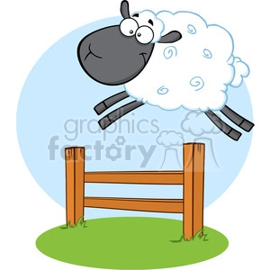 Royalty Free RF Clipart Illustration Funny Black Head Sheep Jumping Over The Fence
