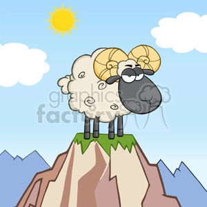 This clipart image features a cartoon ram standing on top of a mountain peak. The ram has large, curved horns and a fluffy white body with a smiling face and cool sunglasses. The background shows blue sky with a few clouds and a bright yellow sun. Below the mountain peak are other mountain ridges.