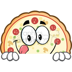 This clipart image features an anthropomorphic slice of pizza with a funny expression. The pizza character has large googly eyes, a tongue sticking out, and it seems to be peeking over an edge with its hands visible. The pizza toppings include pepperoni, green peppers, and possibly mushrooms or other common toppings.