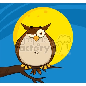 The clipart image you've shared depicts a cartoon owl perched on a branch against a stylized depiction of the night sky, with a full moon in the background. The owl has a whimsical expression and is designed with exaggerated features like large eyes with an off-center monocle-like ring around one, and a somewhat bewildered or dazed look. The style of the image is simple and bold, using thick outlines and bright colors.