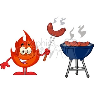 Royalty Free RF Clipart Illustration Happy Fire Cartoon Mascot Character With Sausage On Fork Cook At Barbecue