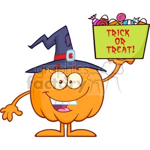 Royalty Free RF Clipart Illustration Smiling Halloween Pumpkin With A Witch Hat Mascot Character Holds A Box With Candys And Text