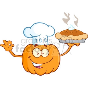 Royalty Free RF Clipart Illustration Chef Pumpkin Cartoon Mascot Character Holding Perfect Pie