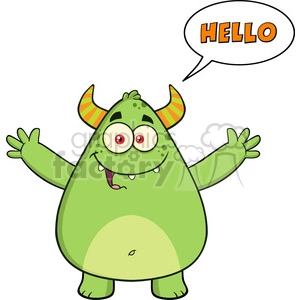 8931 Royalty Free RF Clipart Illustration Happy Horned Green Monster Cartoon Character With Welcoming Open Arms And Speech Bubble Hello Text Vector Illustration Isolated On White