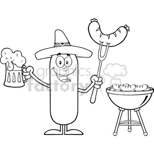 8471 Royalty Free RF Clipart Illustration Black And White Happy Mexican Sausage Cartoon Character Holding A Beer And Weenie Next To BBQ Vector Illustration Isolated On White