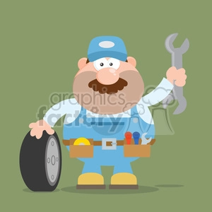 8558 Royalty Free RF Clipart Illustration Smiling Mechanic Cartoon Character With Tire And Huge Wrench Flat Style Vector Illustration With Background