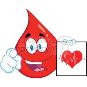 Royalty Free RF Clipart Illustration Red Blood Drop Cartoon Mascot Character Pointing With Finger And Presenting Ecg Graph On Red Heart