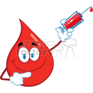 Royalty Free RF Clipart Illustration Red Blood Drop Cartoon Mascot Character Holding Up A Syringe