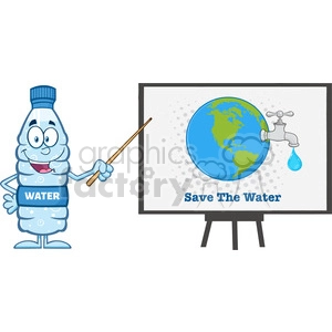 Keywords: water conservation, cartoon water bottle, globe, water faucet, water drop, educational poster, environmental message, Save The Water.