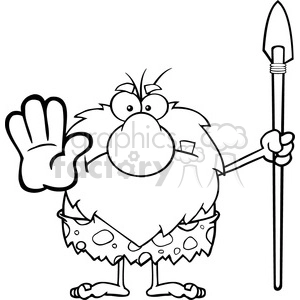 black and white angry male caveman cartoon mascot character gesturing and standing with a spear vector illustration