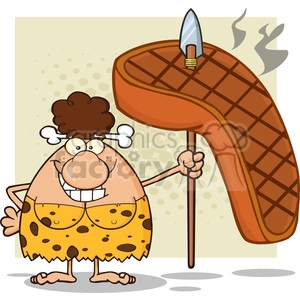 smiling brunette cave woman cartoon mascot character holding a spear with a big grilled steak vector illustration