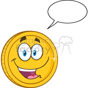 This clipart image depicts a cartoon-styled coin with an anthropomorphized happy face. The face has large, excited eyes, a smiling mouth showing a tongue, and a solitary sparkle indicating shine or reflection, typically used to suggest the coin's metallic nature. There is also an empty speech bubble coming from the coin, suggesting that it is ready for text to be added.