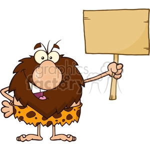 The clipart image features a cartoon caveman holding a blank signboard. The caveman has a large nose, bushy eyebrows, brown hair all over his body, and is wearing a typical stone age outfit with a leopard print. He has a goofy expression and is barefoot.