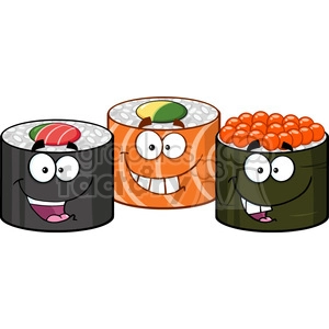 illustration three sushi roll cartoon mascot characters vector illustration isolated on white