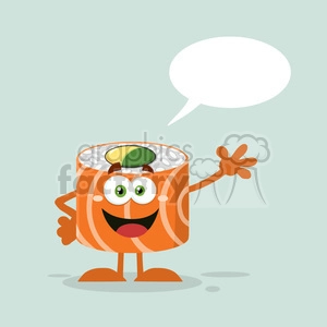 The image is a clipart depicting an anthropomorphic piece of sushi with a speech bubble. The sushi character appears to be a roll, with salmon as the outer part, rice, and possibly avocado on top. It has a smiling face with big eyes and a mouth, and one of its hands is raised in a greeting or waving gesture.